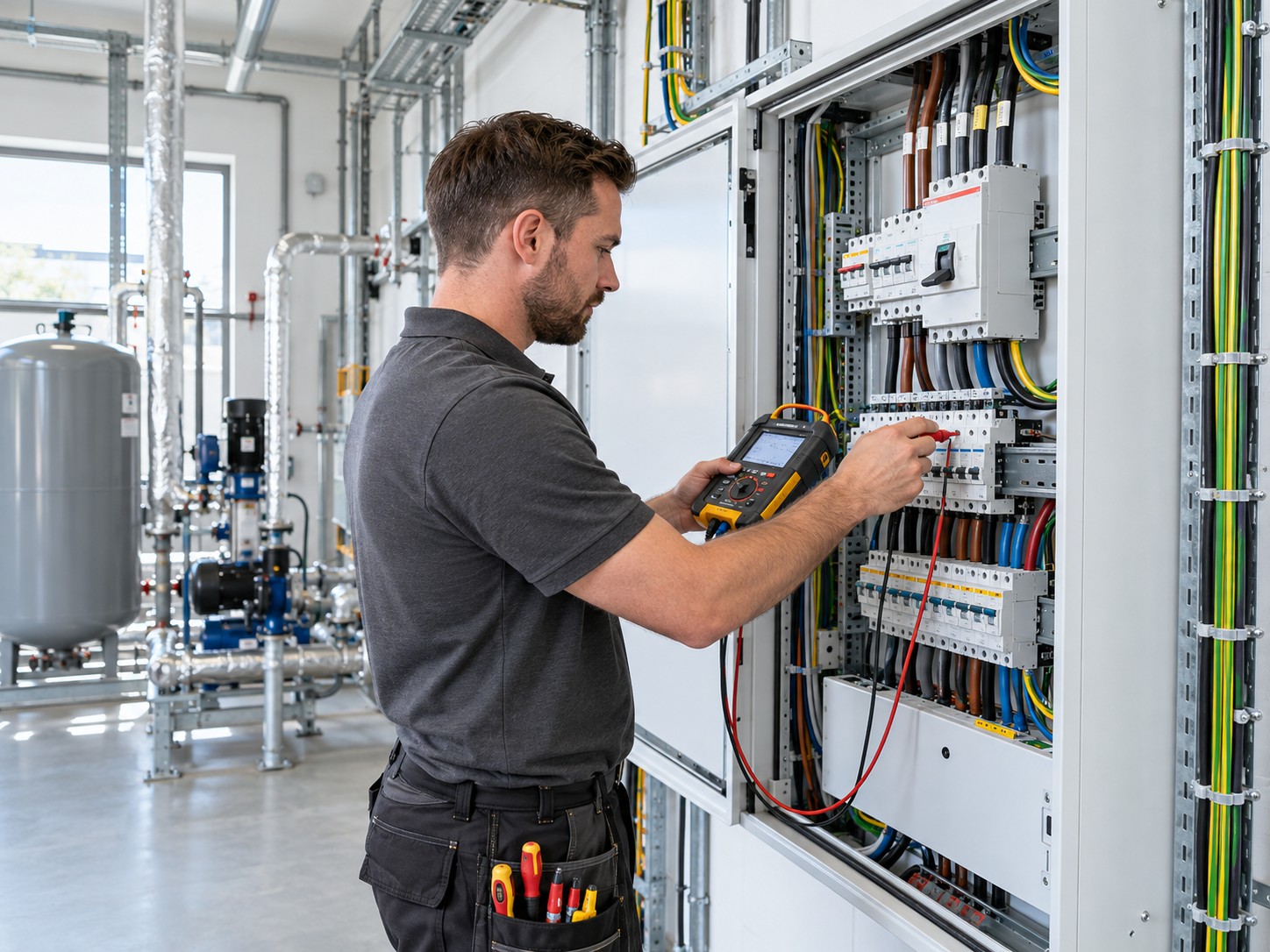 A N R Electrical engineer testing a distribution board