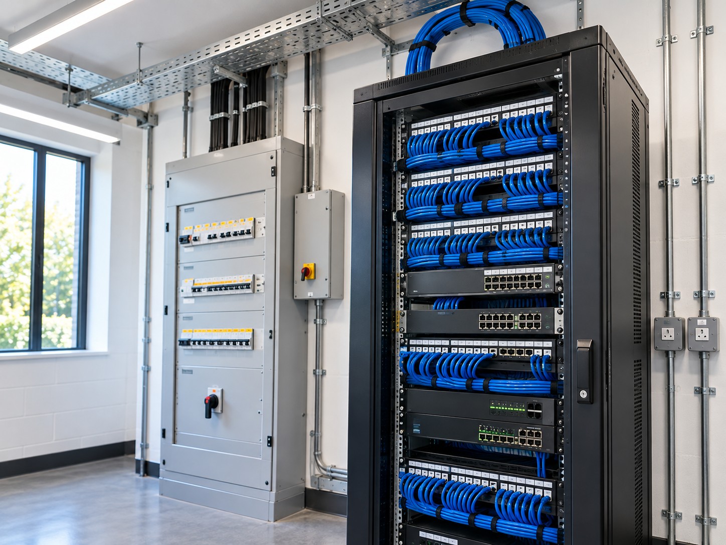 Neat data cabinet and power distribution in a commercial IT room