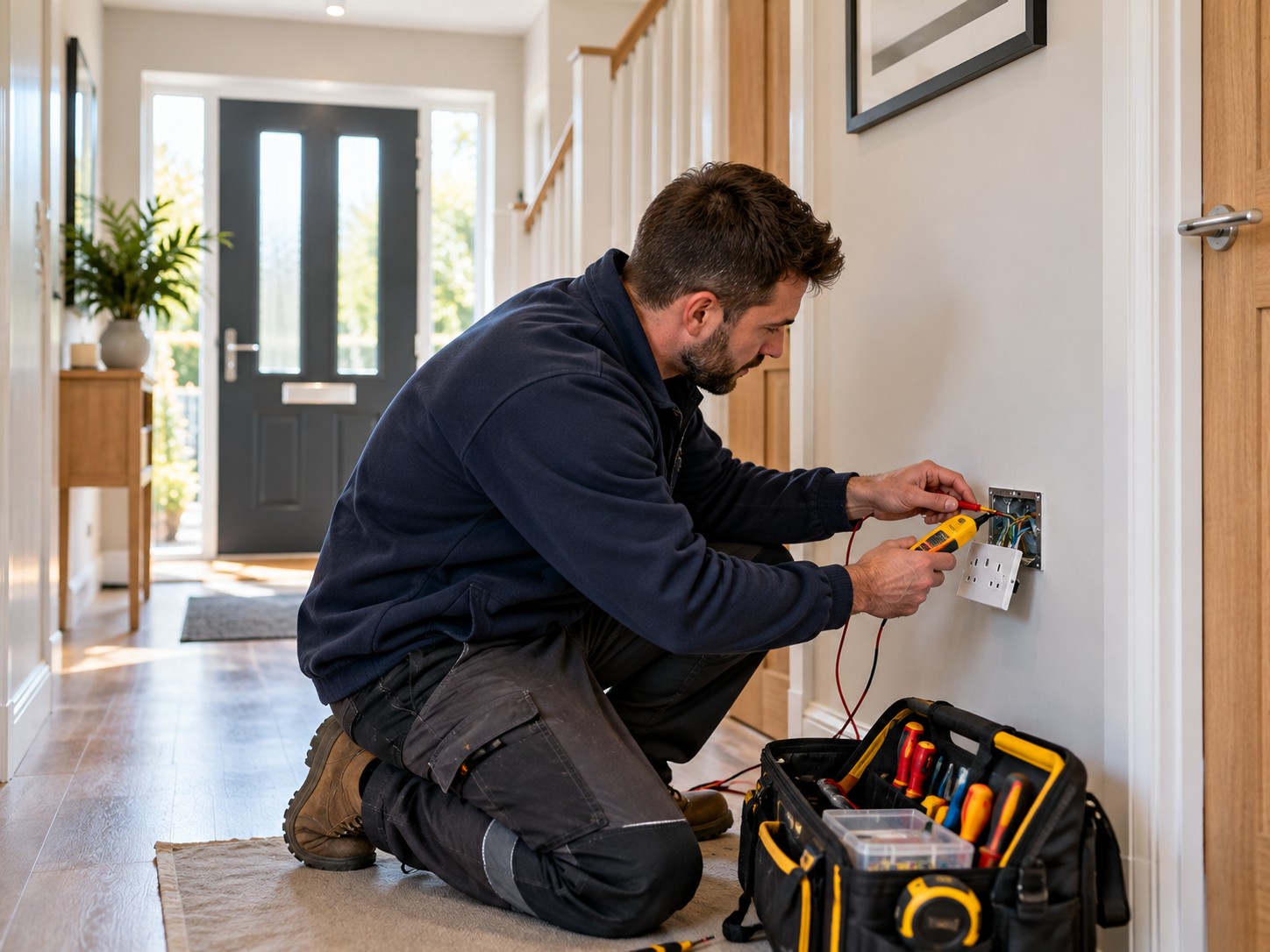 Electrician fault finding at a fuse board
