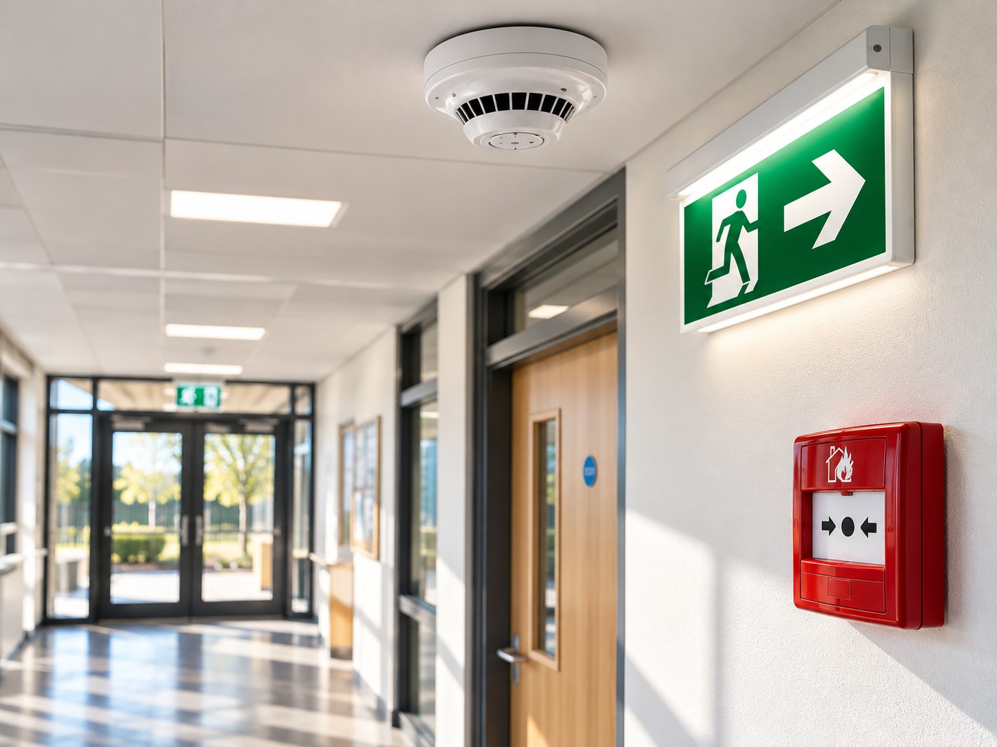 Smoke detector and emergency exit light in a bright corridor