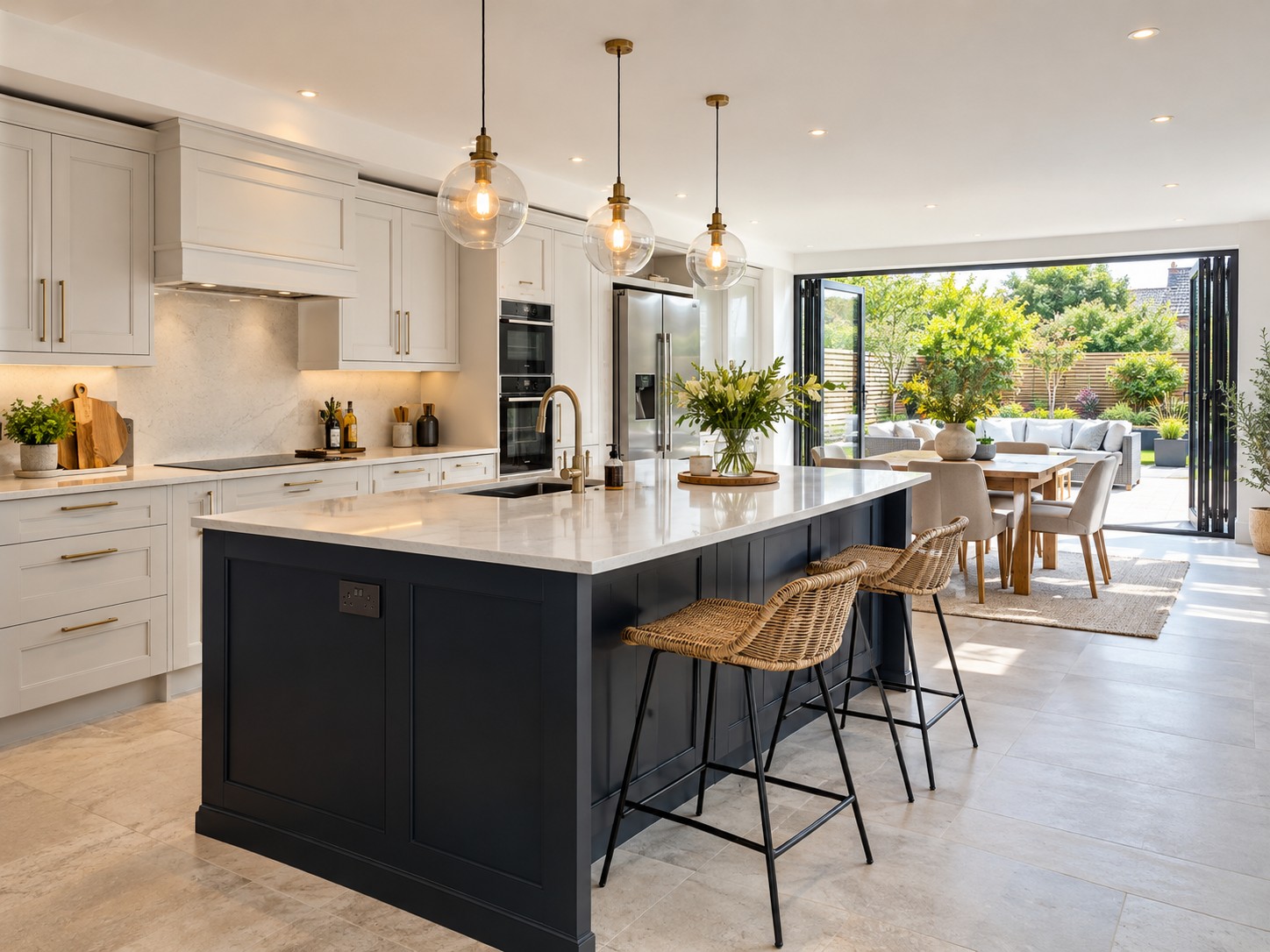Modern kitchen with LED downlights and pendants
