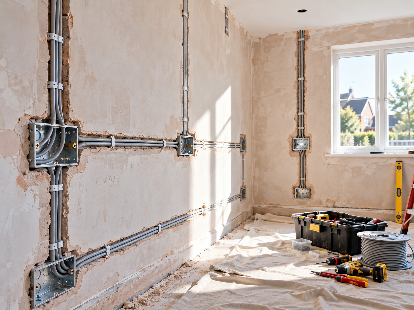 Room being rewired with new cables and back boxes