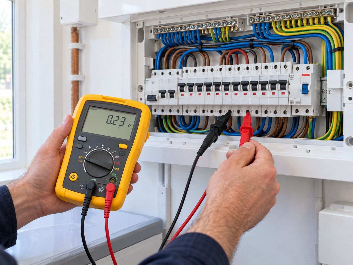 Electrician testing a circuit with a multifunction tester